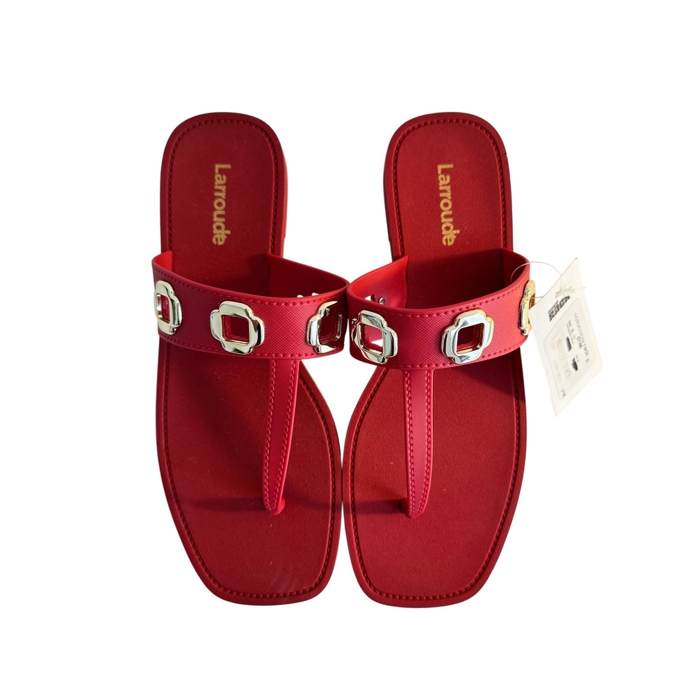 Larroude Milan Jelly Thong Sandal Size 10/11 Red New Gold Hardware